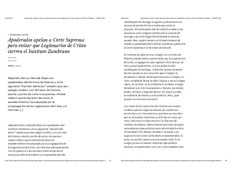 Apoderados apelan a Corte Suprema para evitar que Legionarios de Cristo cierren el Instituto Zambrano