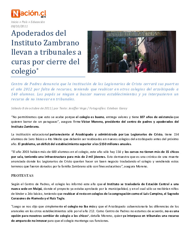 Apoderados del Instituto Zambrano llevan a tribunales a curas por cierre del colegio