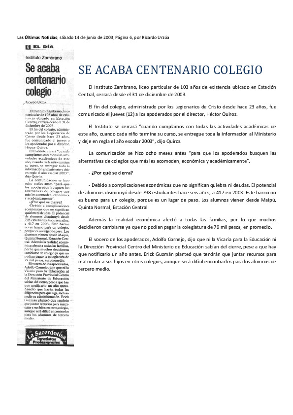 Cierre del Instituto Zambrano (Se acaba centenario colegio)